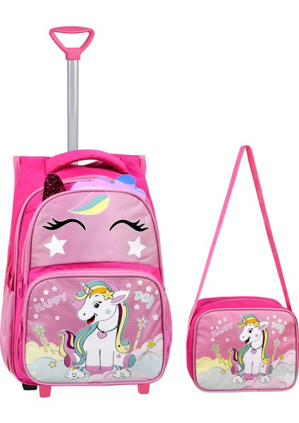 Çekçekli Pembe Unicorn Baskılı, Ortopedik Sırt Özellikli, Ilkokul Çantası + Beslenme Çantası