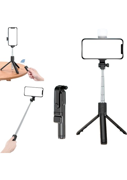 Pratik Işıklı Masaüstü Tripod Olabilen Telefon Tutuculu Kablosuz Kumandalı Selfie Çubuk