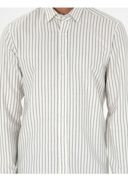 Erkek Haki Çizgili Slim Fit Uzun Kollu Gömlek 50292261-VR027