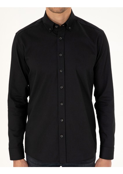Erkek Siyah Regular Fit Uzun Kollu Gömlek 50292553-VR046