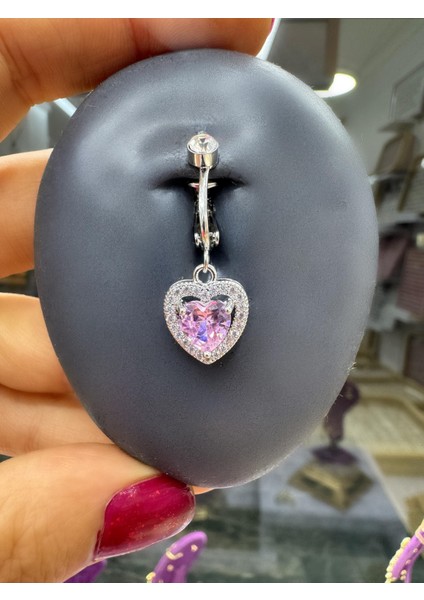 Delik Gerektirmeyen Deliksiz Pembe Kalp Sallantılı Göbek Piercingi