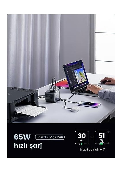 Diginest Cube 65W Güç Şeridi Gan USB C Şarj Cihazı 3 Yollu Soket ve Anahtar ile Uyumlu MacBook Air/pro, iPhone 14 Pro Max, 13, 12, iPad Pro, Galaxy S23 Ultra, S23+