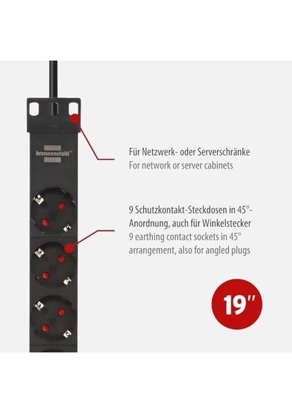 Alu-Line 19 " Çoklu Priz 9-Kat - Steckerleiste Yüksek Kaliteli Alüminyum (2 M Kablo) Renk: Alüminyum/siyah