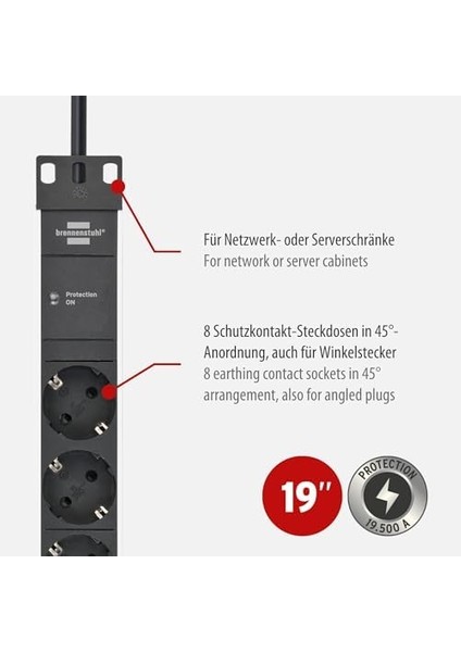 Alu-Line Çoklu Priz, 8 Bölmeli, Yüksek Gerilim Korumalı (19 Inç Formatında ve 2 M Kablolu Priz Çubuğu)