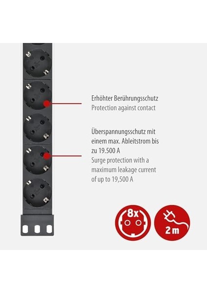 Alu-Line Çoklu Priz, 8 Bölmeli, Yüksek Gerilim Korumalı (19 Inç Formatında ve 2 M Kablolu Priz Çubuğu)