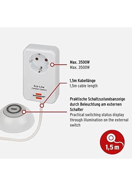 Eco Line Comfort Switch Adaptör El Csa 1 (Işıklı El/ayak Şalterli Priz, Yüksek Dokunma Korumalı, 1,5 M Kablo)