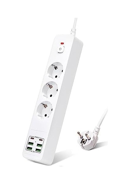 Hızlı Şarj Istasyonu 3000W 3 Lü Priz 2 Metre Uzatma Kablosu Çoklu Priz 4 USB 2 Type C Girişli 18 Watt Pd Şarj On/off Düğmeli