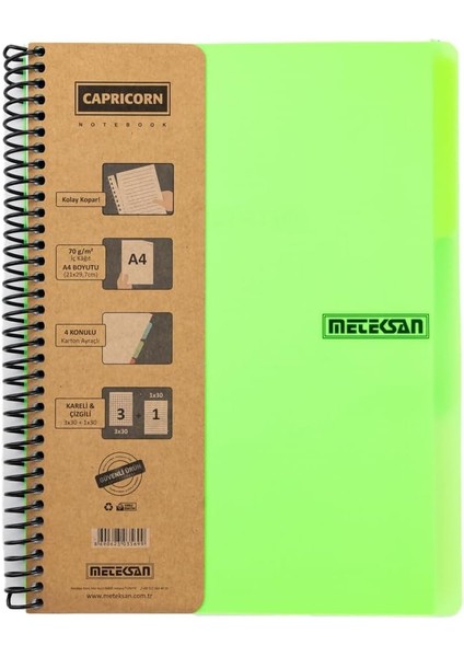 Capricorn Neon Serisi, A4, 6 Konulu (3 Kareli, 3 Çizgili) 180 Yaprak Pp Kapaklı Spiralli Defter, Yeşil