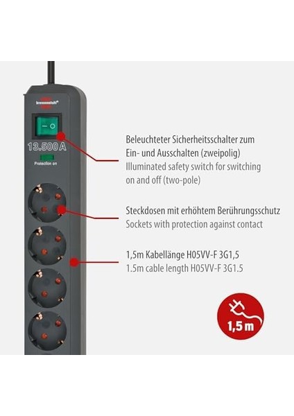 Eco-Line, 3'lü Çoklu Priz, Yüksek Gerilim Korumalı (Anahtarlı Çoklu Priz ve 1,5 M Kablolu - Özellikle Enerji Tasarruflu), Antrasit fiyatları