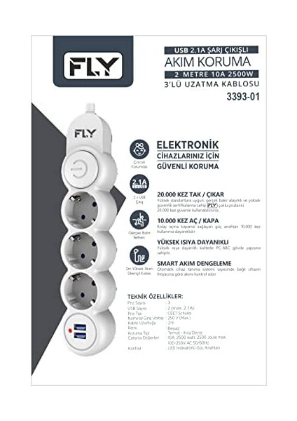 Racing Fly 3393 Termal Akım Korumalı, Çocuk Korumalı, 2 x Usb, 2mt Uzatma Kablosu 3'lü Priz, Beyaz