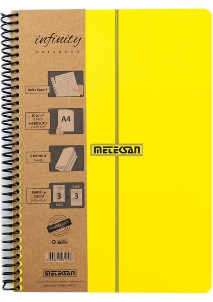 Infinity Primary Serisi, A4, 6 Konulu (3 Kareli, 3 Çizgili) 180 Yaprak Pp Kapaklı Spiralli Defter, Sarı