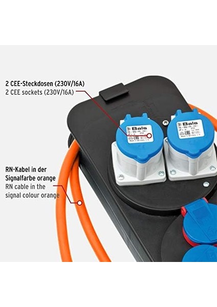 Cee 230 V Kamp Elektrik Dağıtıcı, Topraklı Fişli (2 x Cee Priz, 3 x Topraklı Priz, 1,5 M H07RN-F 3g2,5 Kablo, Turuncu, Kamp Kullanımı Için Ideal, Almanya'da Üretilmiştir)