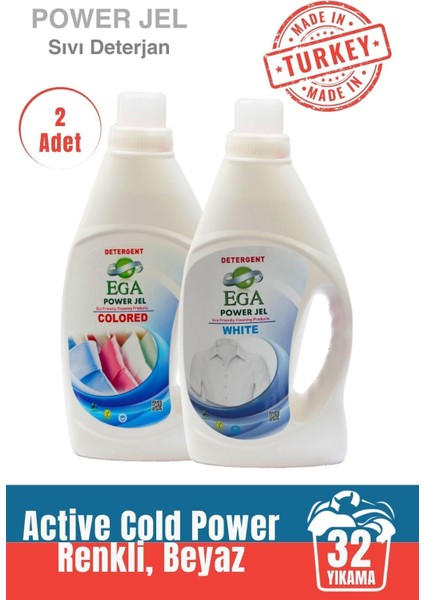 2'li Power Jel Beyaz ve Renkli Sıvı Yıkama Deterjanı 1100 ml 32 Yıkama x2