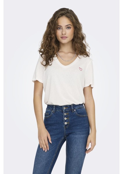 Onlnew Belle S/s Love V-Neck Top Box Jrs Taş