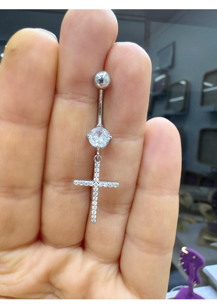 Çelik Zirkon Taşlı Haç Sallantılı Göbek Piercingi