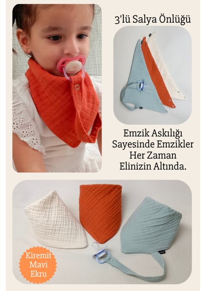 3'lü %100 Pamuk 8 Katlı Müslin Emzik Askılıklı Kız Erkek Bebek Salya ve Mama Önlüğü *kiremit*mavi*ekru fiyatları
