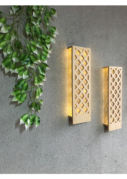 Duvar Dekorasyonu 2'li Ahşap Aplik Pilli Aydınlatmalı Desenli Dekoratif 44CM