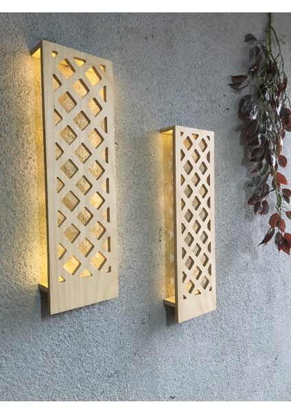 Duvar Dekorasyonu 2'li Ahşap Aplik Pilli Aydınlatmalı Desenli Dekoratif 44CM