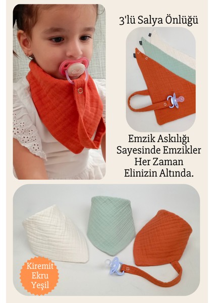 3'lü %100 Pamuk 8 Katlı Müslin Emzik Askılıklı Kız Erkek Bebek Salya ve Mama Önlüğü *yeşil*kiremit*ekru fiyatları