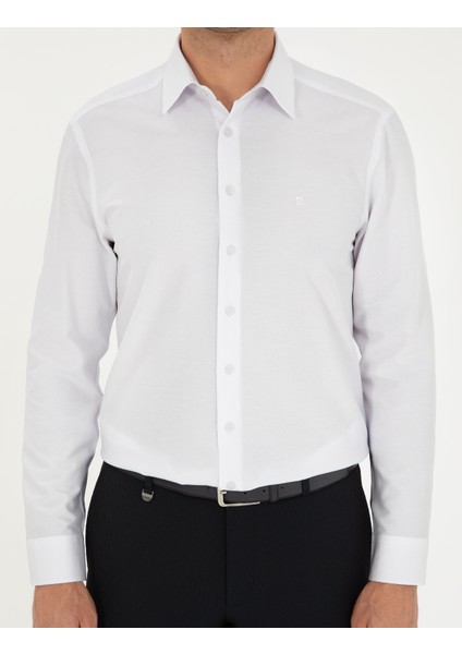 Erkek Beyaz Regular Fit Armürlü Uzun Kollu Gömlek 50294729-VR013