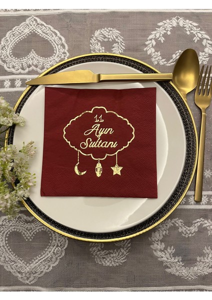 Gold Yaldızlı Bordo 11 Ayın Sultanı Ramazan Peçete 33x33