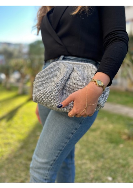 El Yapımı Metalik Silver Pileli Burslu Clutch Çanta "silvora"