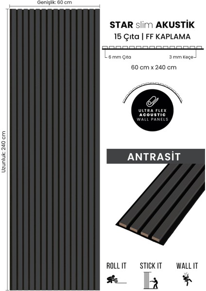 Star Slim Flex Akustik Duvar Paneli Ff Kaplama Antrasit 60X240 cm - Ses ve Isı Yalıtımı