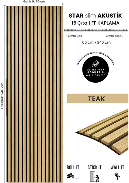 Star Slim Flex Akustik Duvar Paneli Ff Kaplama Teak Meşe 60X240 cm - Ses ve Isı Yalıtımı