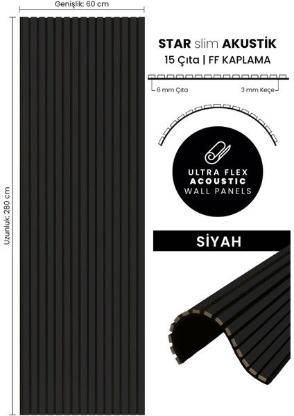 Star Slim Flex Akustik Duvar Paneli Ff Kaplama Siyah 60X280 cm - Ses ve Isı Yalıtımı
