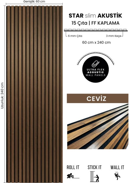 Star Slim Flex Akustik Duvar Paneli Ff Kaplama Ceviz 60X240 cm - Ses ve Isı Yalıtımı