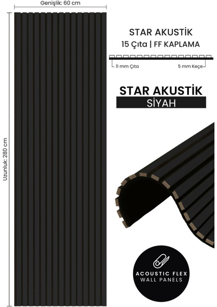 Star Akustik Ahşap Duvar Paneli Ff Kaplama Siyah 60X280 cm - Ses ve Isı Yalıtımı