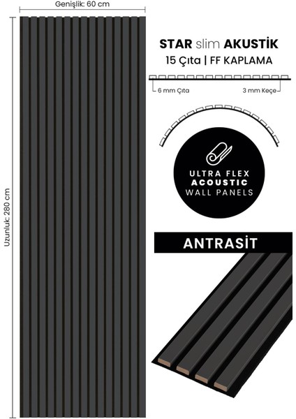 Star Slim Flex Akustik Duvar Paneli Ff Kaplama Antrasit 60X280 cm - Ses ve Isı Yalıtımı