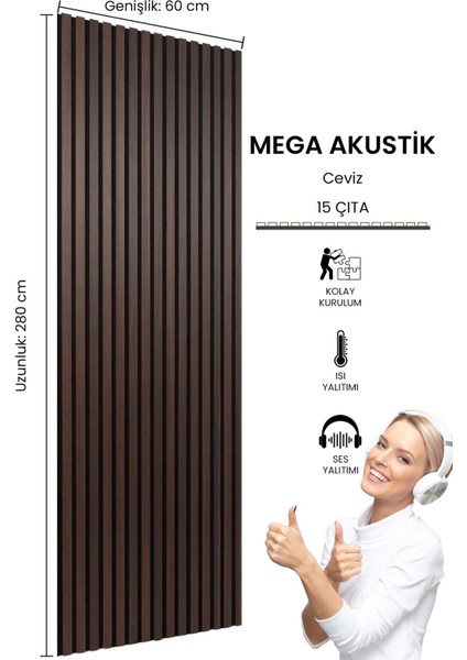 Mega Akustik Ahşap Duvar Paneli Ceviz 60X280 cm - 1.sınıf Mdf & Keçe | Ses ve Isı Yalıtımı