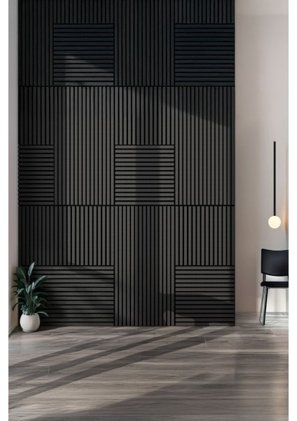 6 Adet Pro Akustik Ahşap Duvar Paneli Antrasit 30X60 cm - Kompozit & Keçe | Ses ve Isı Yalıtımı