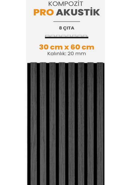 6 Adet Pro Akustik Ahşap Duvar Paneli Antrasit 30X60 cm - Kompozit & Keçe | Ses ve Isı Yalıtımı
