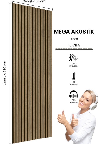 Mega Akustik Ahşap Duvar Paneli Yeni Teak 60X280 cm - 1.sınıf Mdf & Keçe | Ses ve Isı Yalıtımı