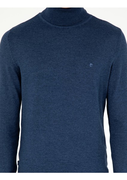 Erkek İndigo Melanj Slim Fit Balıkçı Yaka Basic Triko Kazak 50296602-VR155