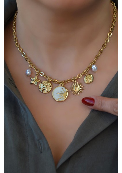 Güneş İnci ve Yıldız Charmlı Çelik Kolye Gold Renk Güneş Detaylı Choker fiyatları