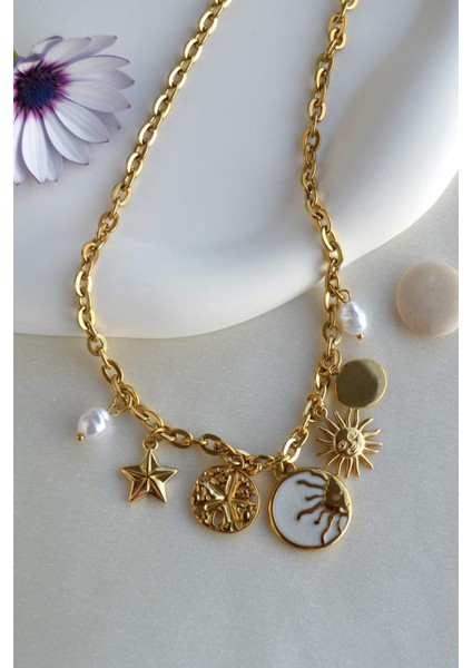 Güneş İnci ve Yıldız Charmlı Çelik Kolye Gold Renk Güneş Detaylı Choker modelleri