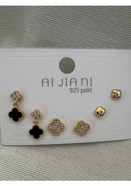 Vk Modeli Taşlı Siyah 3 Boy Set Küpe Gold Renk