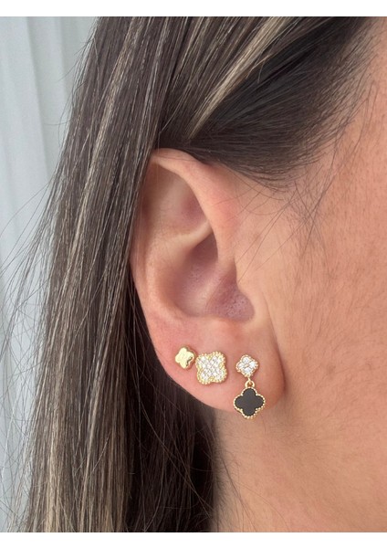 Vk Modeli Taşlı Siyah 3 Boy Set Küpe Gold Renk indirimleri