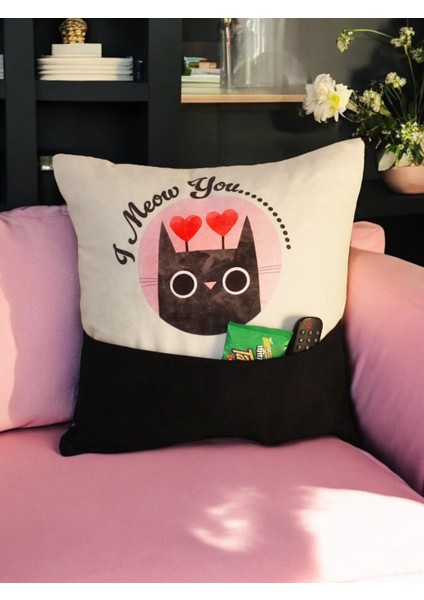 Kırlent Kılıfı Cepli ve Baskılı 45 x 45 cm I Meow You/sevgililer Günü