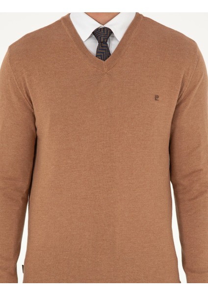 Erkek Camel Melanj Slim Fit V Yaka Basic Triko Kazak 50296622-VR122