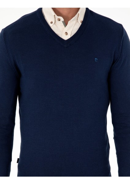 Erkek Açık Lacivert Slim Fit V Yaka Basic Triko Kazak 50296622-VR059