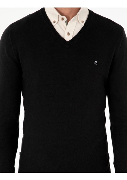 Erkek Siyah Slim Fit V Yaka Basic Triko Kazak 50296622-VR046