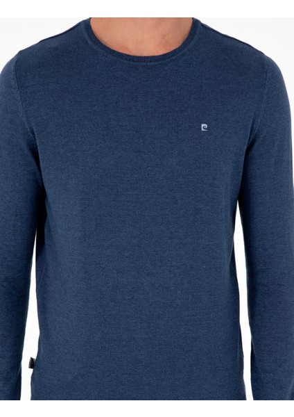 Erkek İndigo Melanj Slim Fit Bisiklet Yaka Basic Triko Kazak 50296621-VR155