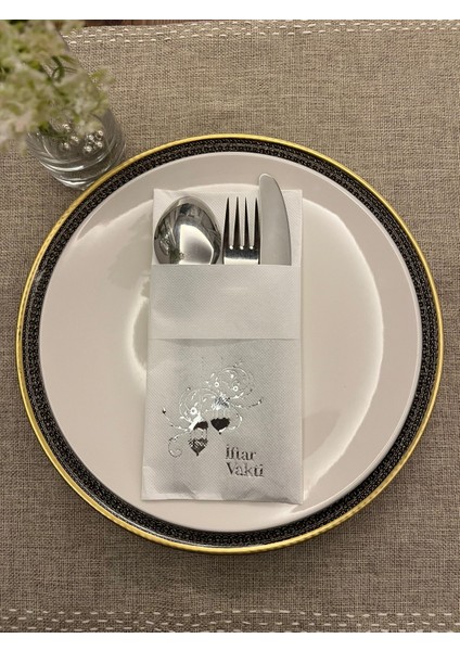 Gümüş Yaldızlı Beyaz İftar Vakti Cepli Peçete 12 Adet