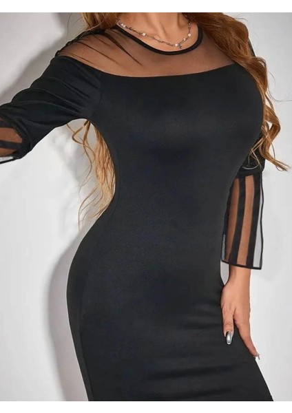 Kadın Uzun Şeffaf Şerit Kollu Madonna Yaka Vücudu Saran Dalgıç Kısa Elbise modelleri