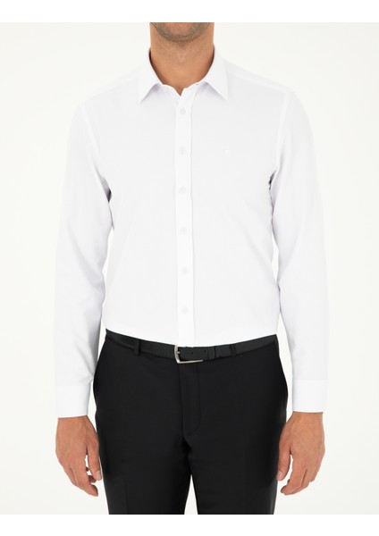 Erkek Beyaz Slim Fit Armürlü Uzun Kollu Gömlek 50298071-VR013