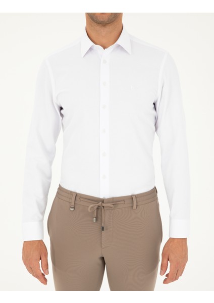 Erkek Beyaz Slim Fit Armürlü Uzun Kollu Gömlek 50298040-VR013